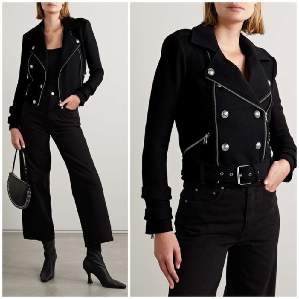 L’agence Billie Button Embellished Wool Biker Jacket Size XS NWT